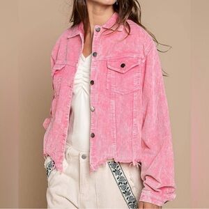 POL Boho Hippie Bubblegum Pink Oversized Distressed Corduroy Jacket Size L